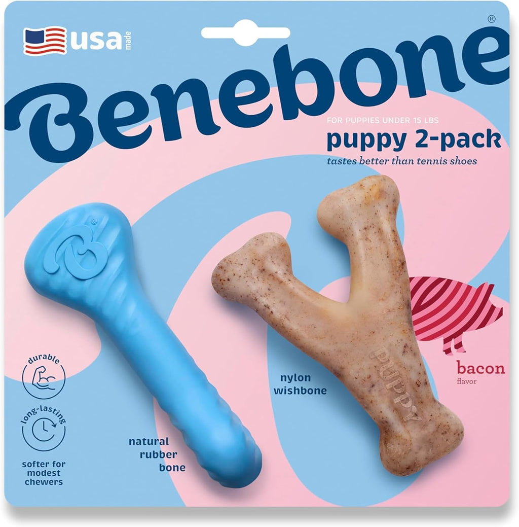 Benebone® Puppy Natural Rubber Bone & Nylon Wishbone Bacon Flavor 2-Pack