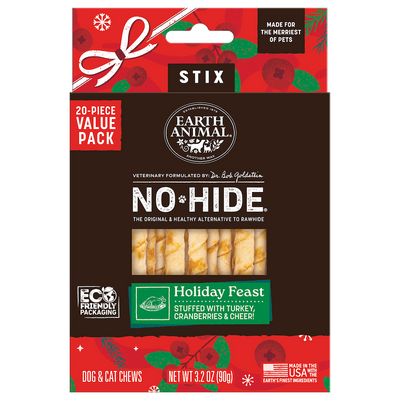 Earth Animal® No-Hide® HOLIDAY Holiday Feast Recipe Stix Natural Rawhide Alternative Dog & Cat Chews (20 Pack)