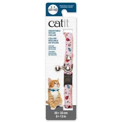 Catit Adjustable Breakaway Nylon Collar with Rivets - Pink and White with Ladybugs - 20-33 cm (8-13 in)