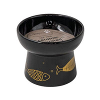 Dexypaws Raised Ceramic Cat Bowl, Black with Gold Fish Cat 7oz (NEW)