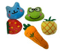 Set of colorful plush toys shaped like a blue cat, green frog, red strawberry, orange carrot, and yellow pineapple on a white background.