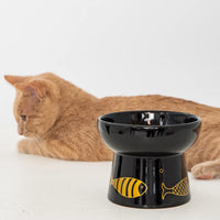 Dexypaws Raised Ceramic Cat Bowl, Black with Gold Fish Cat 7oz