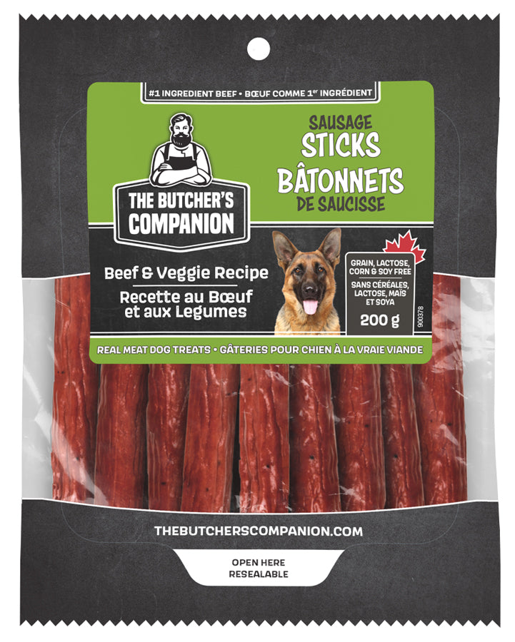 THE BUTCHER'S COMPANION Sausage Sticks Beef & Veggie Recipe Real Meat Dog Treats 200g