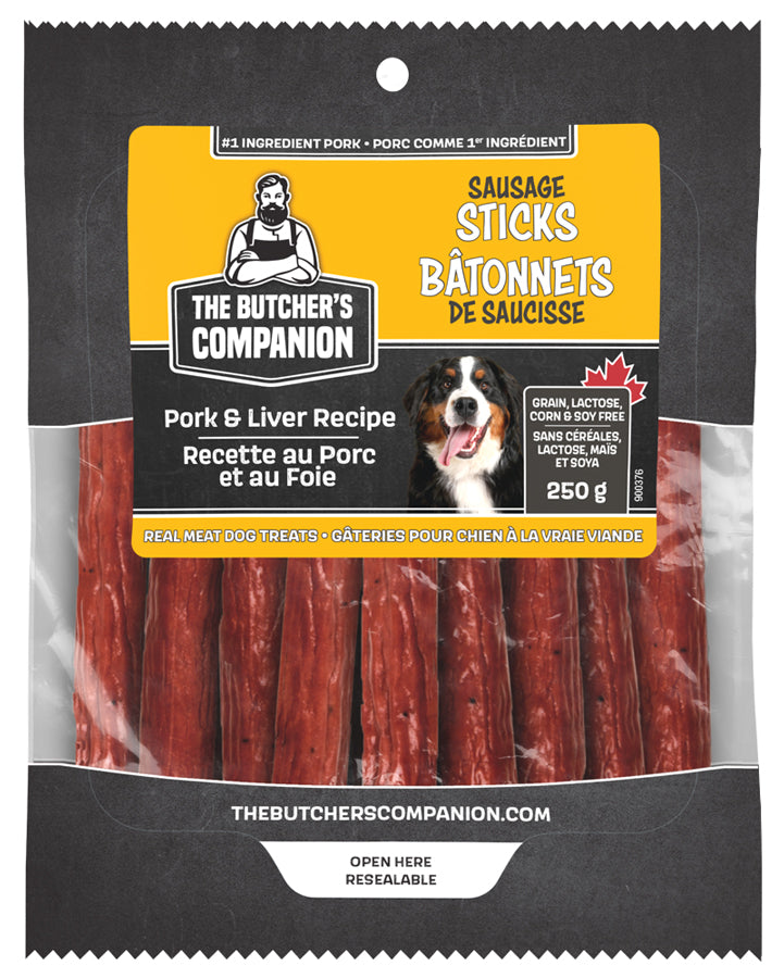 THE BUTCHER'S COMPANION Sausage Sticks Pork & Liver Recipe Real Meat Dog Treats 250g