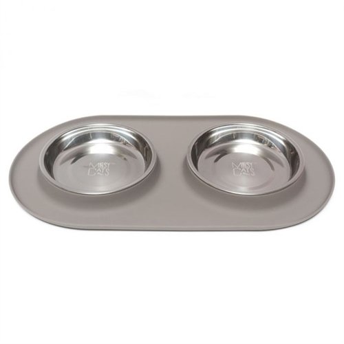 Messy Cats Double Silicone Feeder with Stainless Saucer Shaped Bowl 1.75 Cups, Grey - Natural Pet Foods