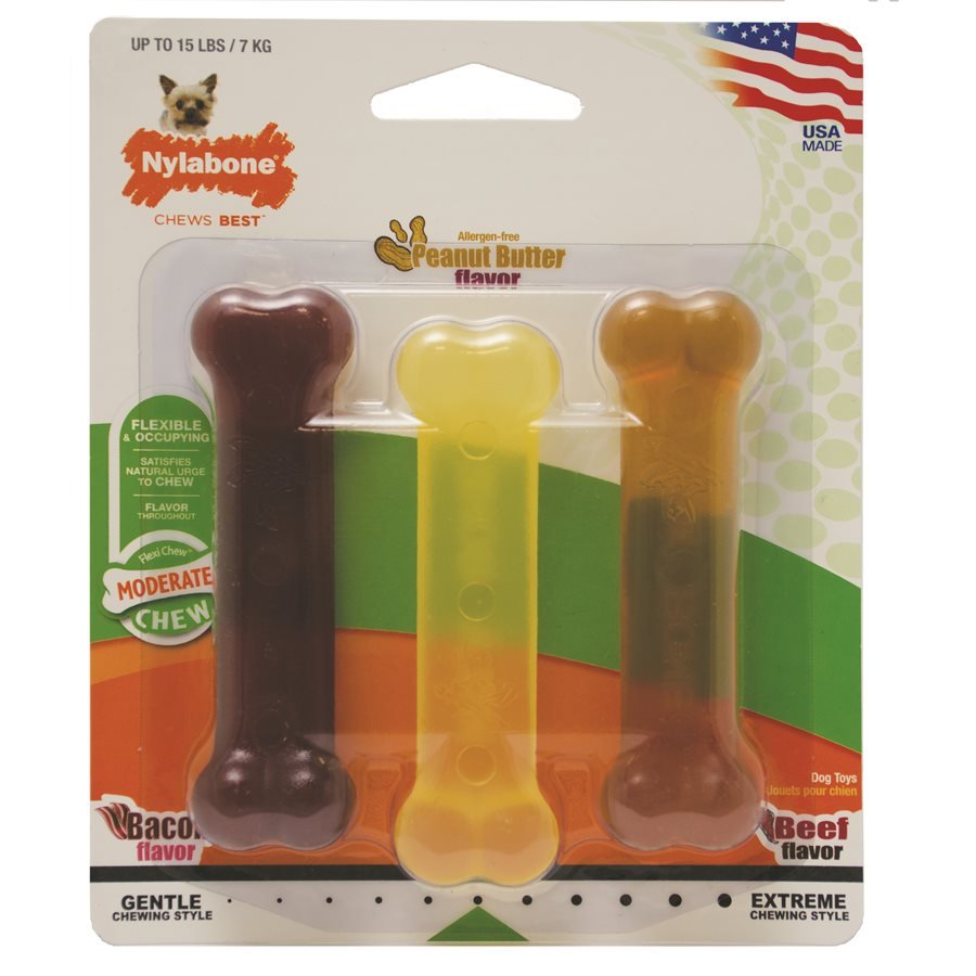 Nylabone Moderate Chew 3-Pack Peanut Butter, Bacon & Beef Petite - Natural Pet Foods